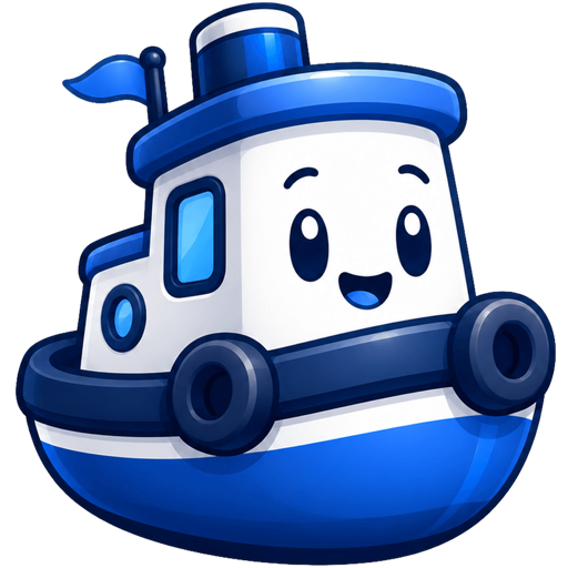 PortBay mascot — a friendly blue tugboat